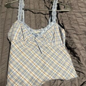 No Boundaries Light Blue Plaid Top with Lace